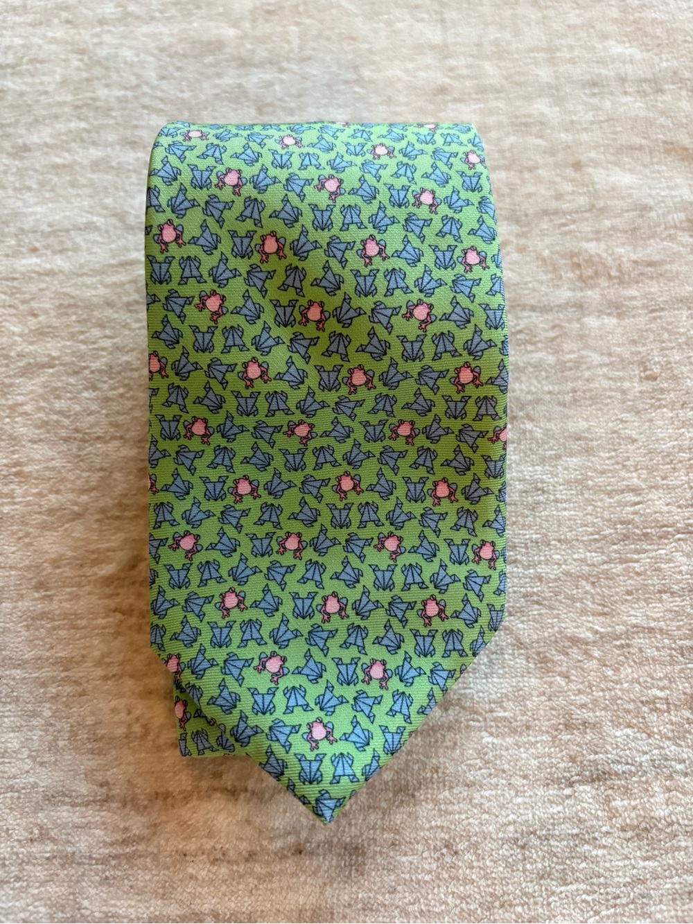 Brooks Brothers Silk Tie with Geometric Green and Pink Origami Frogs